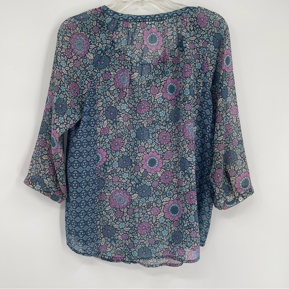 J. Jill Blue Floral Print Tassel Tie Peasant Top Size Small Petite button front - Picture 8 of 11